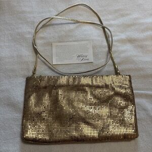 Vintage 80's Whiting & David Gold Chain Mail Mesh & Leather Shoulder Bag Clutch